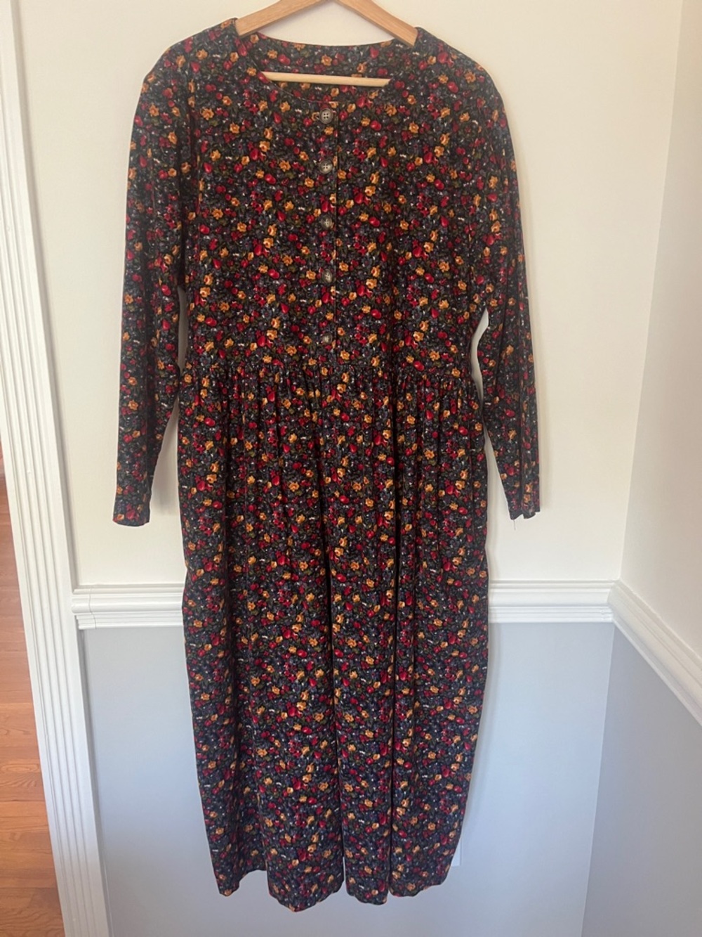 Vtg Country Trad Wife‎ Floral Maxi Dress Large Long Sleeve Corduroy Cotton